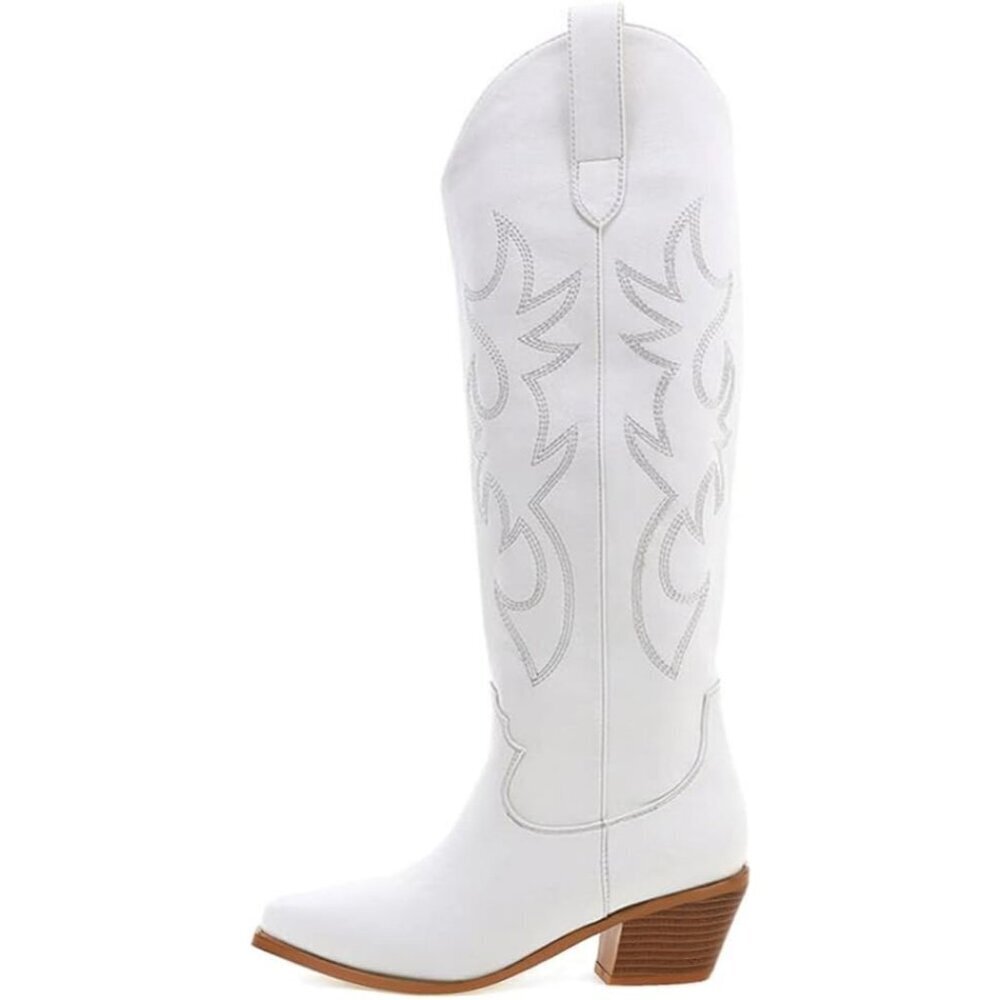 Women White Polyurethane Embroidered Chunky Stacked Heel Knee High Western Boots